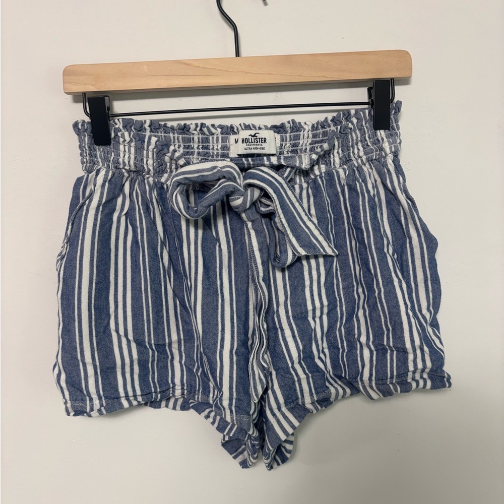 Hollister Navy and White Striped High Waist Shorts
